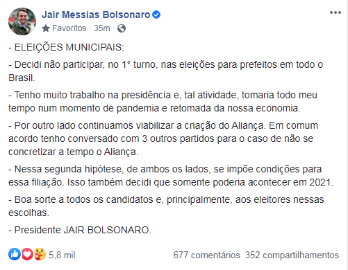 Bolsonaro decide não participar do 1° turno das eleições municipais: “Tenho muito trabalho na presidência”
