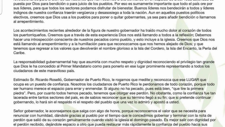 Liderazgo evangélico pide la renuncia al Gobernador de Puerto Rico