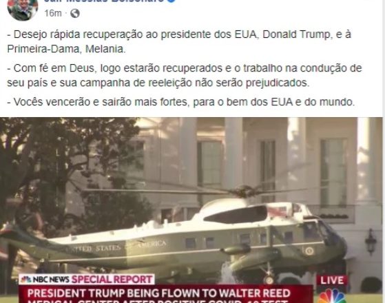 Bolsonaro deseja “rápida recuperação” a Trump: ‘sairá mais forte da Covid-19’