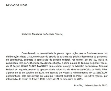 Bolsonaro envia ao Senado indicação de Kassio Nunes para cargo de ministro do STF