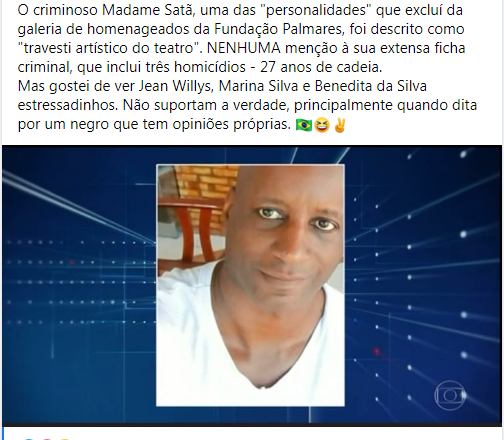 Presidente da Fundação Palmares se manifesta sobre matéria do JN: “gostei de ver Jean Willys, Marina Silva e Benedita da Silva estressadinhos”