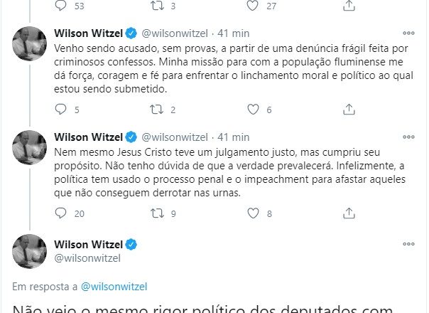 Ao criticar impeachment, Witzel se compara a Jesus Cristo