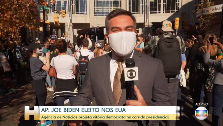 Ao vivo, Jornalista da Globo tenta não chamar “aglomeração de poiadores de Biden” de “aglomeração”