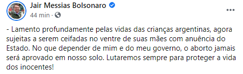 Bolsonaro: “No que depender de mim e do meu governo, o aborto jamais será aprovado em nosso solo”
