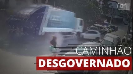 Mulher escapa de ser atropelada por caminhão de lixo desgovernado em Caxias; veja imagens – G1