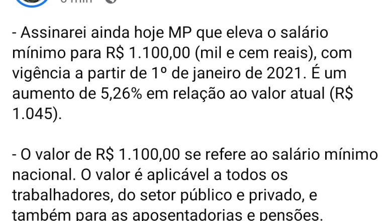 URGENTE – BOLSONARO ANUNCIA SALÁRIO MÍNIMO DE 1.100,00 (um mil e cem reais) para 2021