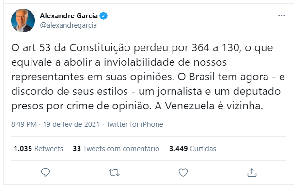Alexandre Garcia: ‘O Brasil tem agora um jornalista e um deputado presos por crime de opinião’