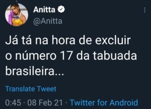 Anitta sugere “excluir número 17 da tabuada brasileira”