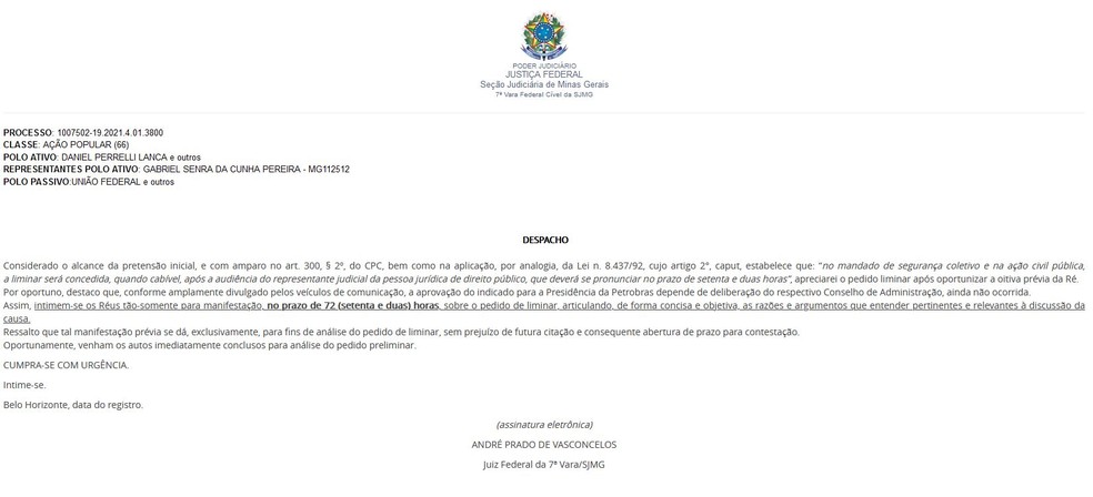 Juiz federal determina que Bolsonaro explique indicação para presidência da Petrobras — Foto: TRF 1ª Região/Reprodução