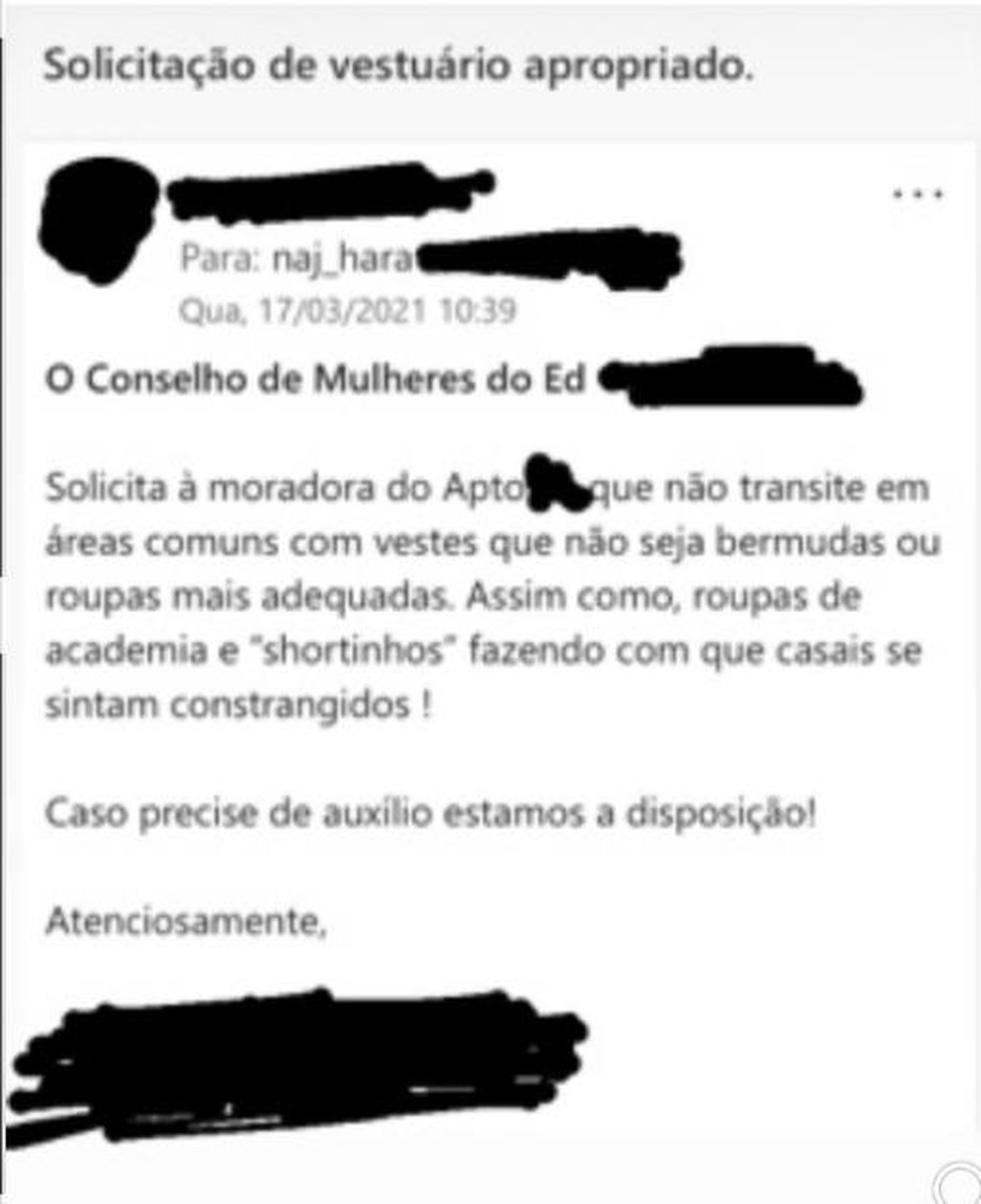 E-mail enviado para moradora do Sudoeste, em Brasília, pede que mulher não use 'shortinhos' em áreas comuns — Foto: Reprodução
