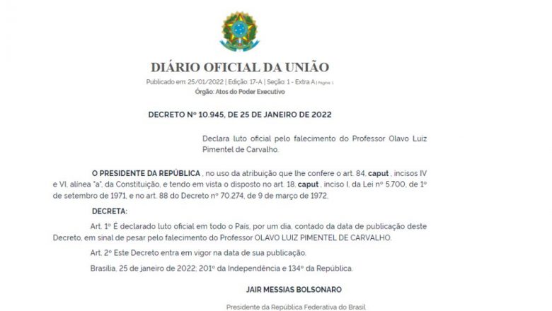 Bolsonaro decreta luto oficial pela morte de Olavo de Carvalho – CartaCapital
